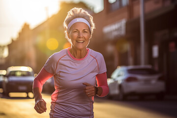 Senior woman going for a run and living a healthy lifestyle for longevity - obrazy, fototapety, plakaty