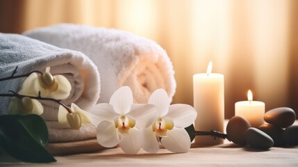 Obraz na płótnie Canvas Beautiful spa treatment composition such as Towels, candles, essential oils, Massage Stones on light wooden background. blur living room, natural creams and moisturizing Healthy lifestyle, body care 