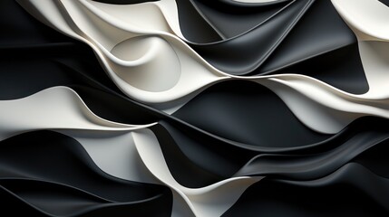 Abstract 3d illustration of spiraling and occasionally intersecting black and creamy white waves creating unusual shapes