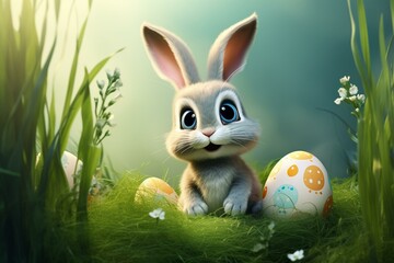 Adorable bunny and decorated egg on lush grass, banner style. Artwork. Generative AI
