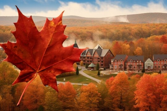The Canadian city of Bromont in the province of Quebec in front of a photo with the Canadian maple leaf. Generative AI