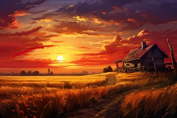 Foto op Plexiglas Sunset on a wheat field with a peasant hut © PinkiePie