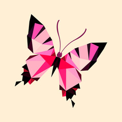 pink butterfly on a white background, polygon art of pink butterfly isolated on warm saturated background, trendy textured butterfly, colorful butterfly art vector design