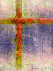 dramatic cross in orange red purple pink green grunge texture paint on canvas artwork