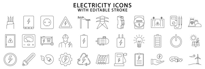 Electricity icons. Electricity Icon set. Electricity line icons. vector illustration. Editable stroke. - obrazy, fototapety, plakaty