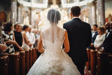 A bride and groom at the altar of a church during the wedding ceremony.