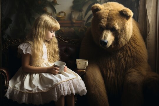 A goldilocks girl having a cup of tea with a huge teddy bear.