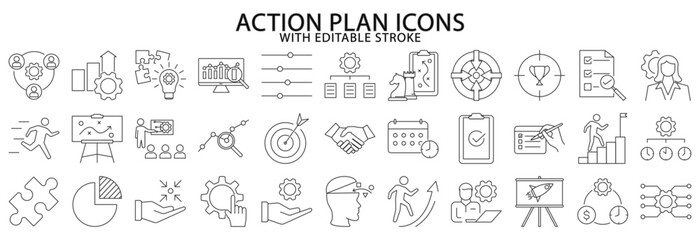 Action plan icons. Action plan icon set. Action plan line icons. Vector illustration. editable stroke.