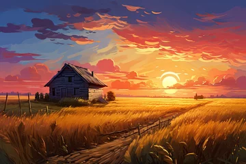 Foto op Canvas Sunset on a wheat field with a peasant hut © PinkiePie