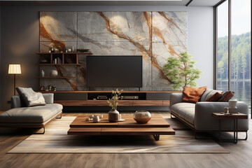 The contemporary living room features a wallmounted gray tv, in the style of realistic rendering, nostalgic atmosphere, kintsugi, trace monotone, textured splashes, rich textures, light gray and amber
