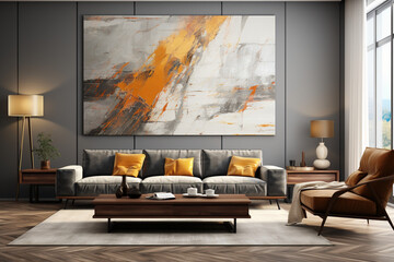 The contemporary living room features a wallmounted gray tv, in the style of realistic rendering, nostalgic atmosphere, kintsugi, trace monotone, textured splashes, rich textures, light gray and amber