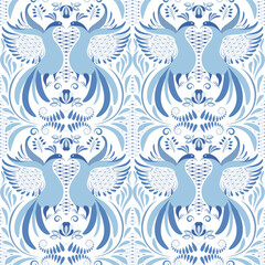 Blue and white seamless pattern with birds. Background in the style of classic ethnic porcelain painting. Old fashion hand drawn rustic floral motifs.
