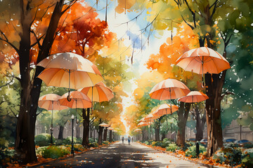 Watercolor painting, Hollywood style, looking up into a fall tree canopy with saturated fall colors, oak trees, maple trees, colored umbrellas hanging down from the tree tops, sunlight streaming from 