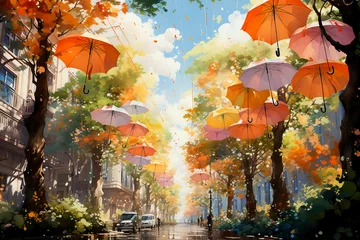 Fotobehang Watercolor painting, Hollywood style, looking up into a fall tree canopy with saturated fall colors, oak trees, maple trees, colored umbrellas hanging down from the tree tops, sunlight streaming from  © 성우 양