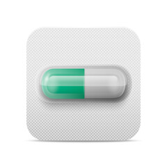 Vector Realistic Pharmaceutical Medical White and Green Pill, Vitamins, Capsule in Blister Closeup Isolated. Pill in Blister Packaging Design Template. Front View. Medicine, Health Concept