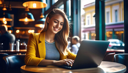 Fototapeta premium Happy young woman working on a laptop in a cafe. Freelance designer, student working on laptop at table,