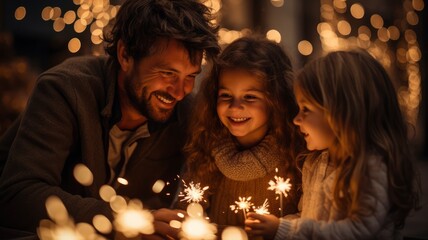 Obraz na płótnie Canvas Holiday lights , family enyoing the lights