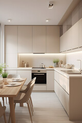 A modern minimalist kitchen in beige calm tones.