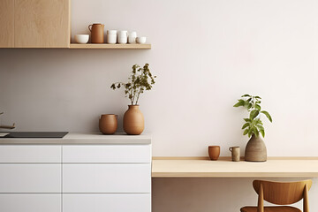Stylish kitchen interior with furnitures, plants, and elegant personal accessories. Home decor. Interior design, minimalism, modern mood