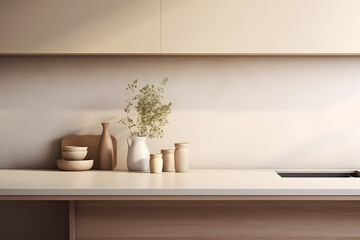 Fototapeta na wymiar Stylish kitchen interior with furnitures, plants, and elegant personal accessories. Home decor. Interior design, minimalism, modern mood