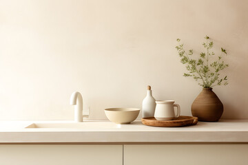 Fototapeta na wymiar Stylish kitchen interior with furnitures, plants, and elegant personal accessories. Home decor. Interior design, minimalism, modern mood