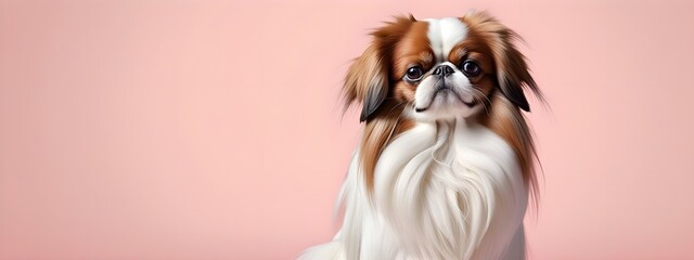 Studio portraits of a funny Japanese Chin dog on a plain and colored background. Creative animal concept, dog on a uniform background for design and advertising.