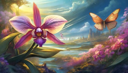 Colorful Illustration of orchid flowers with beautiful butterflies