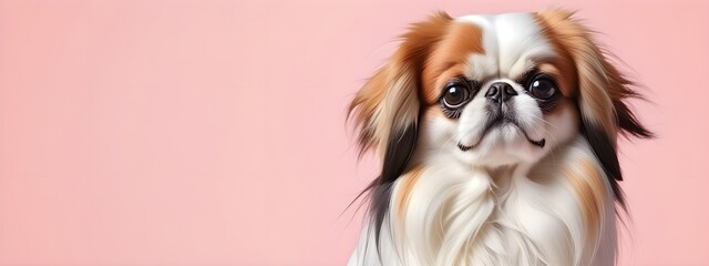 Studio portraits of a funny Japanese Chin dog on a plain and colored background. Creative animal concept, dog on a uniform background for design and advertising.