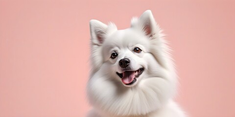 Studio portraits of a funny Japanese Spitz dog on a plain and colored background. Creative animal concept, dog on a uniform background for design and advertising.