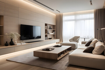 The interior is in a modern style in beige and calm shades. Consistent design, simplicity, minimalism, calm mood