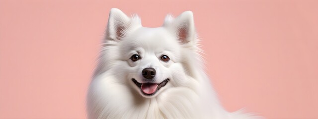 Studio portraits of a funny Japanese Spitz dog on a plain and colored background. Creative animal concept, dog on a uniform background for design and advertising.