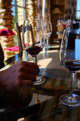 Tasting of red dry wine in Chateauneuf-du-Pape wine making village in France with green vineyards...