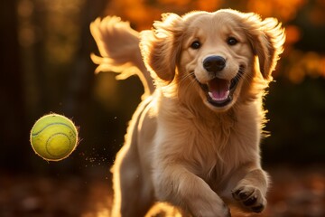 Happy Golden Retriever chasing a Tennis Ball Generative Ai