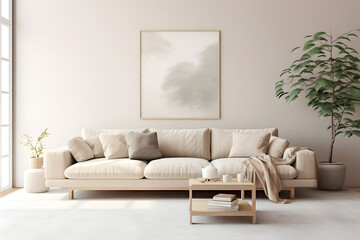 Stylish interior, plants and elegant personal accessories. Mock up image, home decor. Interior design, minimalism, calm beige tone
