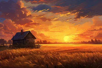 Fotobehang Sunset on a wheat field with a peasant hut © PinkiePie