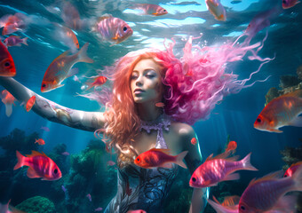 Obraz na płótnie Canvas 魚と泳ぐ美しい女性