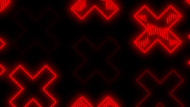 Neon red crosses flicker on a black screen. Stock video with X texture in 4K.