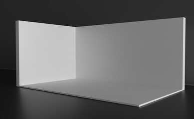 3D exhibition booth. Showroom. Square corner. Empty geometric square. Blank box template. White blank exhibition stand. Presentation event room.
