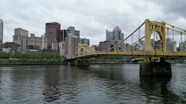 Drone view between the Andy Warhol bridge and Rachel Carson Bridge looking toward the city of Pittsburgh.