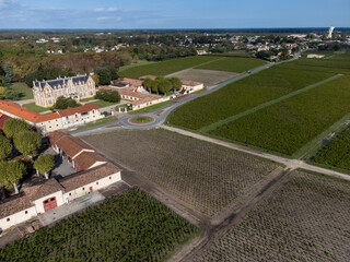 Aerial view on left bank of Gironde Estuary with green vineyards with red Cabernet Sauvignon grape...