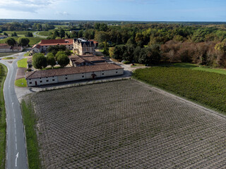 Aerial view on left bank of Gironde Estuary with green vineyards with red Cabernet Sauvignon grape...