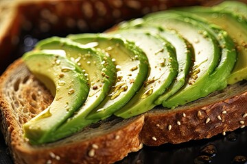 Close-up shot of Avocado Toast, showcasing creamy avocado slices atop a perfectly toasted artisanal bread. - obrazy, fototapety, plakaty