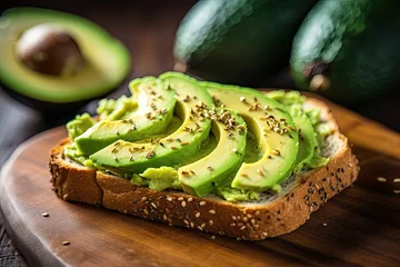 Foto op Plexiglas Close-up shot of Avocado Toast, showcasing creamy avocado slices atop a perfectly toasted artisanal bread. © Nutcha