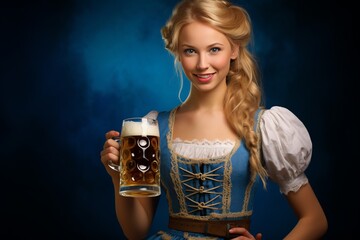 Happy blonde woman in traditional Bavarian costume holding a stein of beer at the Oktoberfest in Munich Generative Ai