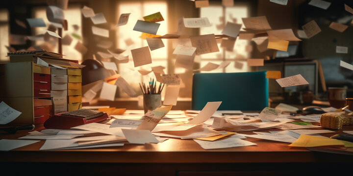 Overwhelmed Workspace with Scattered Documents, Chaotic Office