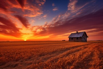 Naklejka na ściany i meble Sunset on a wheat field with a peasant hut