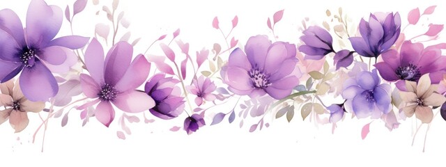 A Serene Symphony: Purple Watercolor Flowers Blossoming on a White Canvas