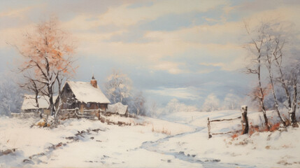 Cabin in the Snow Winter Landscape 