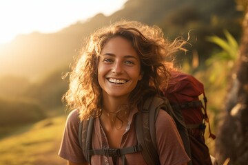 young girl with backpack hiking on the Way of St. James Generative Ai