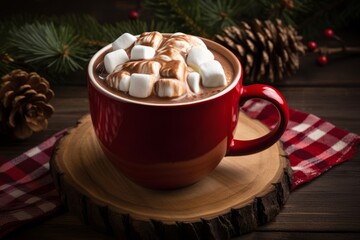 Obraz na płótnie Canvas Hot cocoa with marshmallows in a red Christmas cup Generative Ai